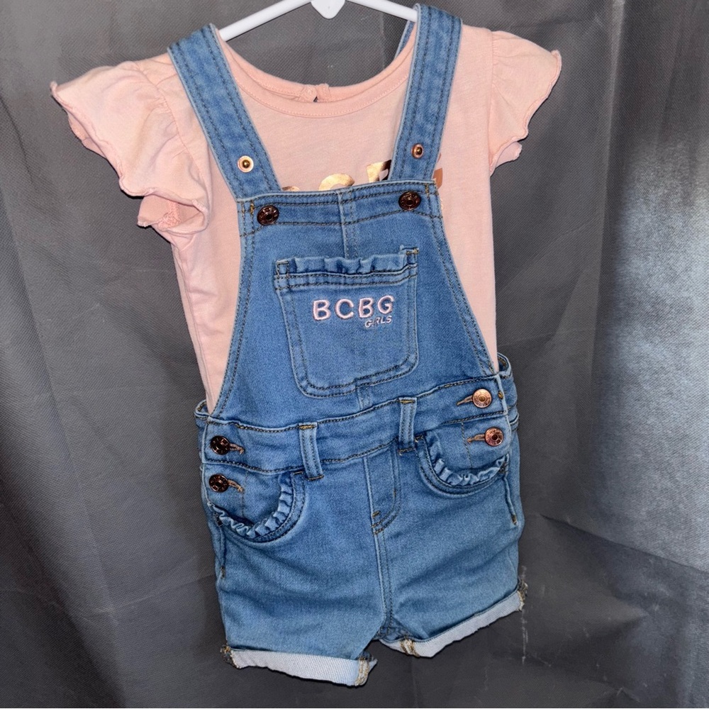 2t BCBG Overall shorts with t-shirt (has a stain on top & bottom of letter B)